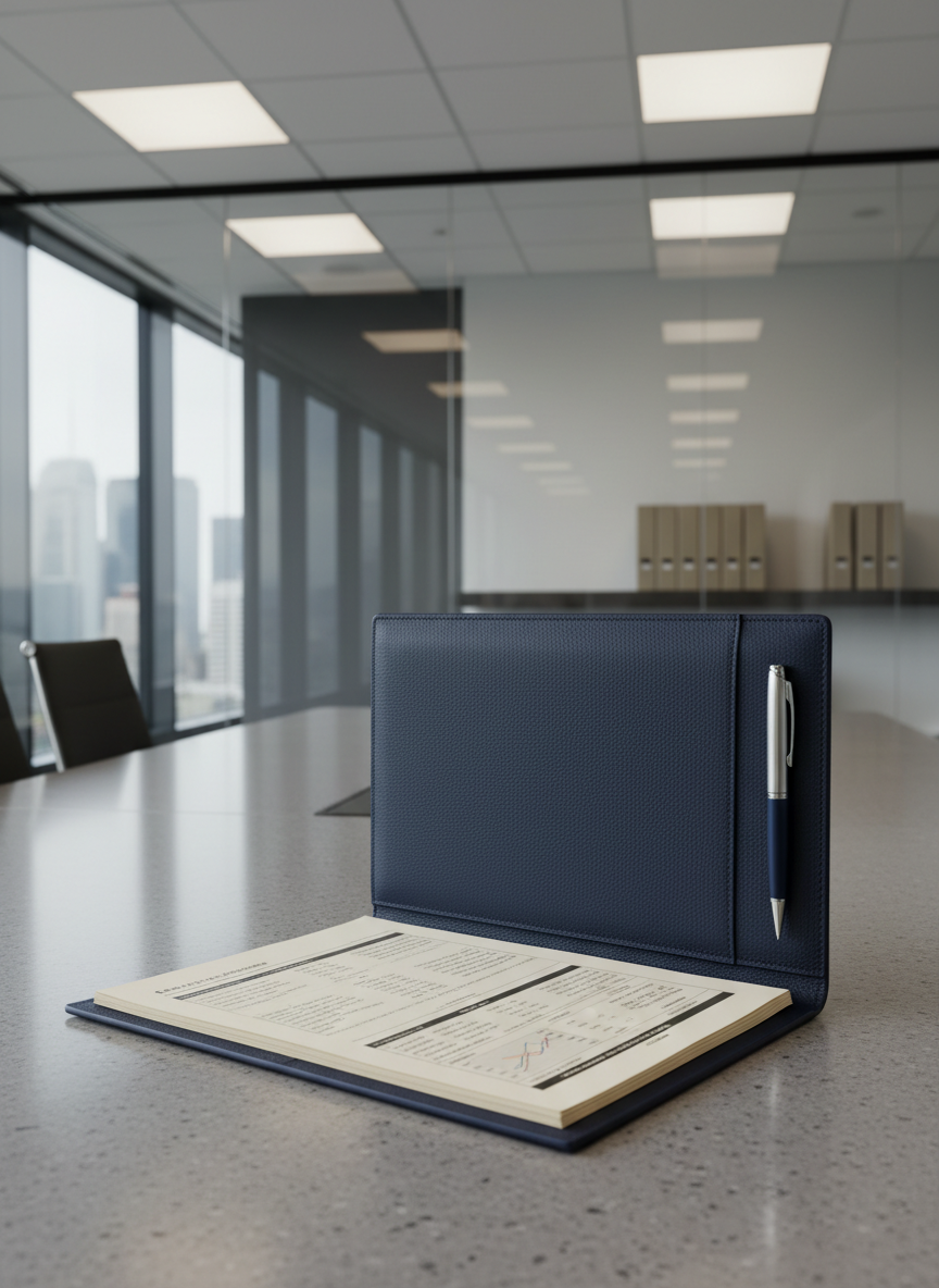A close-up of a premium navy-blue leather portfolio with crisp edges and subtle texture, lying atop a smooth, pebble-gray conference table. The portfolio is slightly open to reveal impeccably organized tax documents with charts and tables visible on ivory paper, including a high-quality metallic pen clipped to the side. The environment is a tastefully minimal boardroom with glass walls and neatly aligned neutral-toned folders in the background. Overhead, soft LED panel lighting casts even illumination with gentle, shadowless highlights that accentuate the clean surfaces. Captured at a slight angle with focus on the portfolio’s tactile details, the composition uses rule of thirds to create balance. The mood is confident, understated professionalism, achieved through a photographic, clean, and structured corporate style aligned with Elite Equity Group’s image.